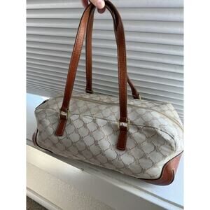 Vtg Women's Lauren Ralph Lauren Handbag All Pattern Beige Canvas Carmel Leather